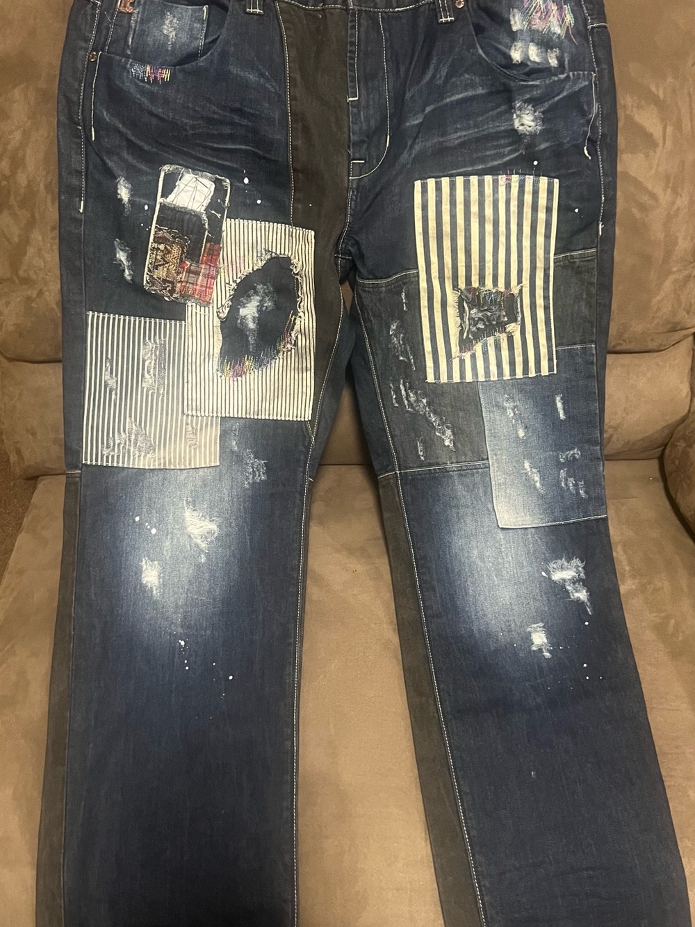 Men's Straight Patchwork Distressed Jeans - Dark Blue